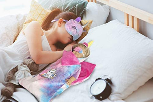 WONDOLL 18-inch Doll-Clothes and Doll-Sleeping-Bag Set - Unicorn-Pajama with Matching Sleepover Masks & Pillow - Compatible with Generation, My Life, Journey Doll Accessories Best Gifts
