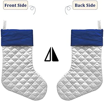 Ivenf Christmas Stockings, 4 Pcs 18 inches Blue Silver Faux Silk Quilted Thick Luxury Stockings, for Family Holiday Xmas Fireplace Decorations