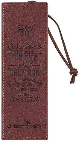 Christian Art Gifts Faux Leather Bookmark Two-Tone Cross John 3:16 Bible Verse w/Satin Ribbon Tassel, Brown