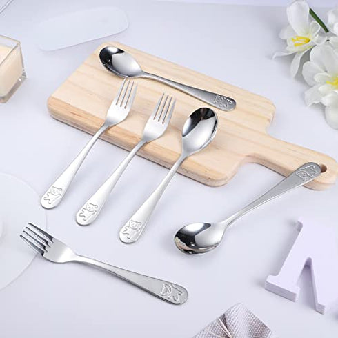 12 Pieces Stainless Steel Kids Silverware Set Children's Safe Flatware Cute Bear Baby and Toddler Spoon and Fork Set Kids Utensils Metal Cutlery Set,6 x Child Forks,6 x Children Tablespoons