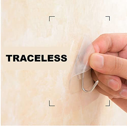 QUALIALL 33lbs Adhesive Hooks for Hanging on Wall or Ceiling, Heavy Duty, Clear, Damage Free, Traceless, Stick on Hangers for Kitchen Bathroom, 10pcs