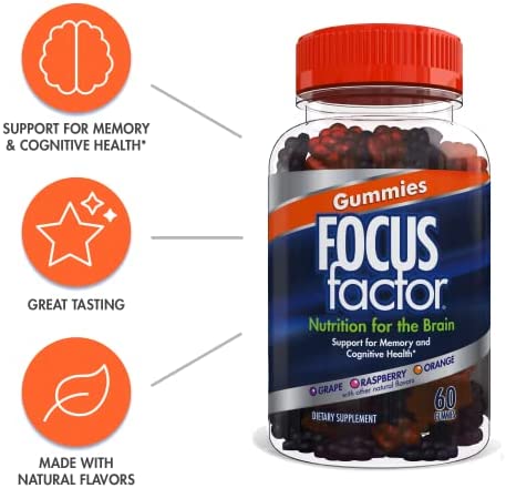 Focus Factor Nootropic Gummies, Memory Supplement for Brain, Phosphatidylserine, Bacopa, Huperzine A, 60 Count