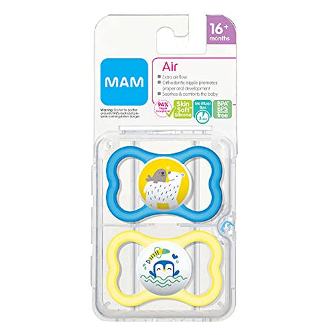 MAM Air Baby Pacifier, For Sensitive Skin, Sterilizer Case, 2 Pack, 16+ Months, Boy