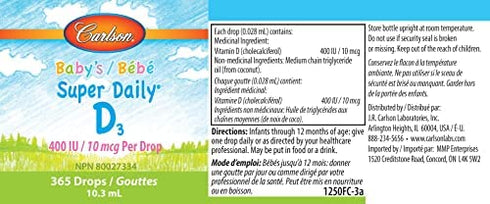 Carlson - Baby's Super Daily D3, Baby Vitamin D Drops, 400 IU (10 mcg) per Drop, 1-Year Supply, Vegetarian, Liquid Vitamin D Drops for Infants and Toddlers, Unflavored, 365 Drops