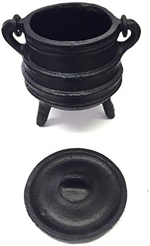 New Age Imports, Inc. Cast Iron Cauldron w/handle & lid, ideal for smudging, incense burning, ritual purpose, decoration, halloween decoration, candle holder, etc. (Ribbed Style 4" High, 2.25" Dia)