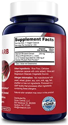 Siberian Rhubarb 10:1 Extract 2500mg - 200 Veggie Capsules (Vegetarian, Non-GMO & Gluten-Free)