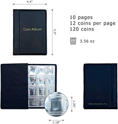 Coin Storage Album - Rare Coin Holders Book - Coins Collection for Collectors (Black, 120 Coin Holders, 1.18”x1.26” Pocket Size)