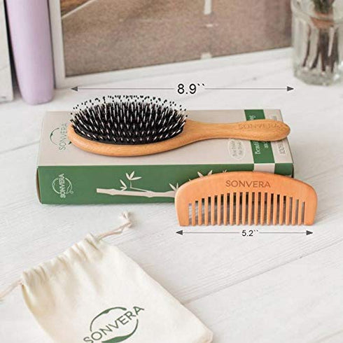 Bristle Hair Brush for Men's and Women's Hair - Boars Hair Brush for Thick Thin Curly Fine Hair - Detangling Brush Set with Wooden Hairbrush Bamboo Comb and Travel Bag