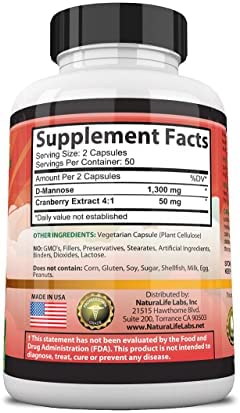 D-Mannose 1,300 mg with Cranberry Extract Fast-Acting, Flush Impurities, Natural Urinary Tract Health- 100 Veggie Capsules