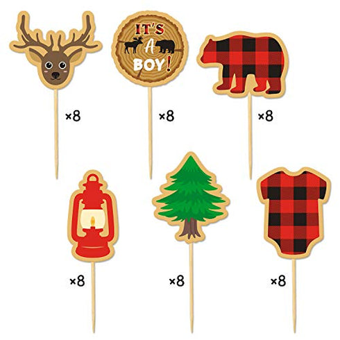 Lumberjack Baby Shower Cupcake Toppers Decorations, Buffalo Plaid Winter It's a Boy Gender Reveal Lumberjack Themed Cake Party Supplies, 48pcs