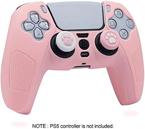 BRHE PS5 Controller Skin Grip Cover Anti-Slip Silicone Protector Rubber Case Cute Kawaii Accessories Set Gamepad Joystick Shell with 2 Thumb Grip Caps (Full Covered, Pink)