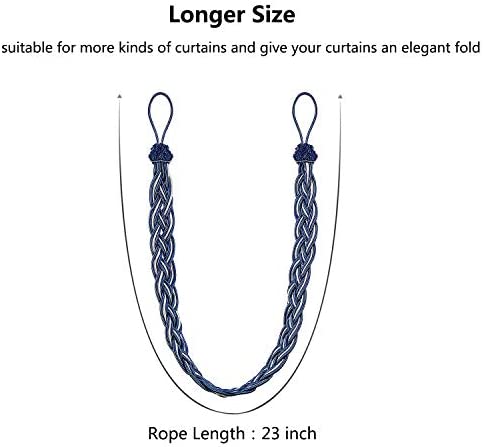 2 Pieces Braided Curtain Tiebacks Rope Belt Curtain Ties and 2 Pieces Hooks Metal Curtain Tieback Hooks for Window Curtain Accessories (Navy Blue and Silver)