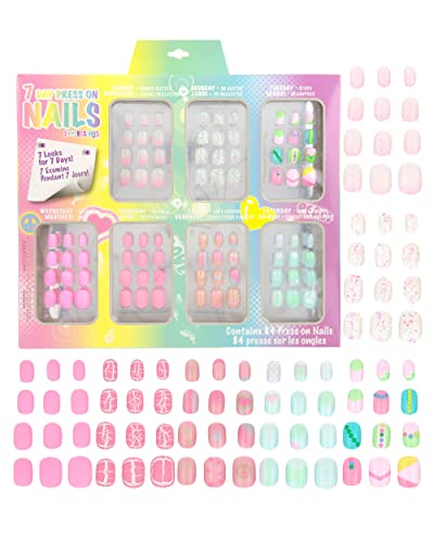 Expressions Girl 7 Day Manicure Collection - 84PC Press On Nail Set, Day-of-The-Week Adhesive False Nails for Girls (Set of Brights or Pastels) – Colorful Novelty Designs Stick On Nails for Kids
