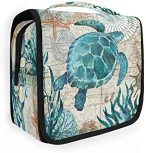 Sea Turtle Retro Map Hanging Toiletry Bag Ocean Nautical Makeup Bag Travel Cosmetic Bag Pouch Waterproof Accessories Organizer Large Portable Wash Gargle Bag for Women Girls Kids Gifts