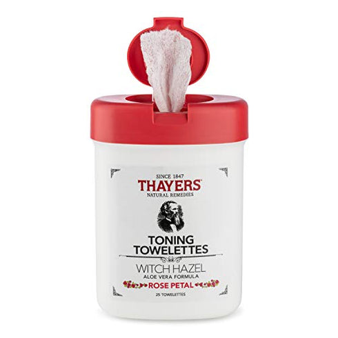 THAYERS Alcohol-Free Witch Hazel Toning Towelettes with Aloe Vera, Rose Petal, 25 Count