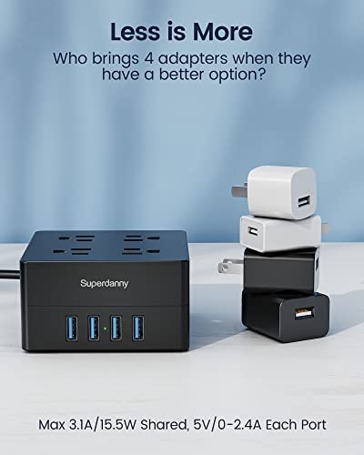 Power Strip, SUPERDANNY 4-Outlet 4-USB Surge Protector, 5 Ft Extension Cord, 900 Joules, Overload Switch, Grounded, Mountable, Desktop Charging Station for Home, Office, School, Dorm, Computer, Black
