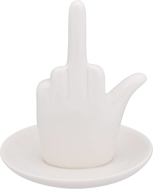 Stephanie Imports White Ceramic Middle Finger Jewelry Ring Dish Tray