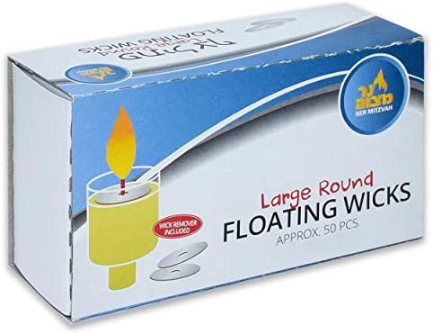 Round Floating Wicks - 50 Count (Approx.), Large Cotton Wicks and Cork Disc Holders for Oil Cups - Bonus Wick Removal Tweezers - by Ner Mitzvah