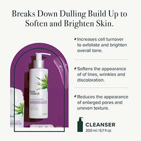 InstaNatural Glycolic Acid Cleanser, Pore Minimizer, Anti Aging & Exfoliating Face Wash for Hyperpigmentation and Acne, With Vitamin E and Lactic Acid