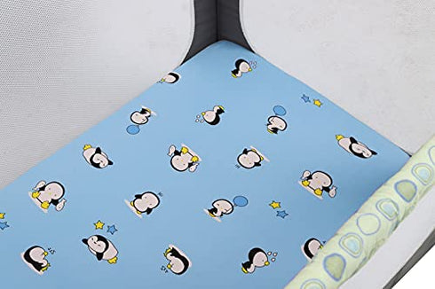 Tontukatu Pack n Play Stretchy Fitted Playard Sheet Set 2 Pack Jersey Knit Ultra Soft Baby Boy Girl Portable Mini Crib Sheets,Convertible Playard Mattress Cover,Penguin Crocodile Monkey Blue Yellow