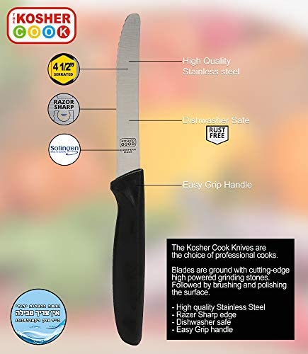 Black Kitchen Knife - 4.5” Steak and Vegetable Knife - Razor Sharp Curved Tip, Serrated Edge - Color Coded Kitchen Tools by The Kosher Cook