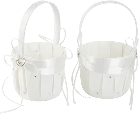 AmaJOY 2pcs Beach wedding Flower Girl Basket Ivory Flower Basket with Double Heart Rhinestone Decor