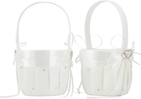 AmaJOY 2pcs Beach wedding Flower Girl Basket Ivory Flower Basket with Double Heart Rhinestone Decor