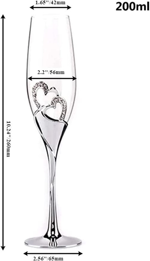 Wedding Champagne Goblets Toasting Flute Glasses for Bride and Groom Creative Deluxe Glass Cups with Rhinestone Rimmed Heart Decoration Gift Set