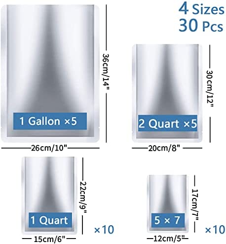 30 Pieces 4 Sizes Mylar Bags Assorted Sizes, 5 Mil Mylar Bags for Food Storage (Size: 5 × 7, 1 Quart/2 Quart/1 Gallon Mylar Bags)