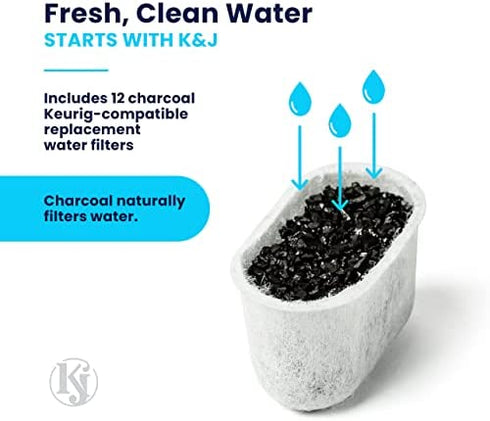 K&J Charcoal Water Filter Pods - 12-Pack Filters for Coffee Maker, Compatible Keurig Filter Replacement (2.0 and older)