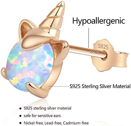 Rose Gold Unicorn Earrings for Girls, Hypoallergenic S925 Sterling Silver Stud Earrings ARSKRO Fire Opal Mini Tiny Cute Animal Earring Jewelry Gifts for Kids