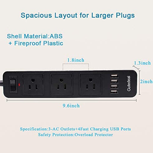2 Prong Power Strip, Surge Protector 2 Prong with 3AC Outlets and 4 USB Charging Ports, 6.6ft Long 2 Prong to 3 Prong Extension Cord for Smartphone Home Office Desktop, Black