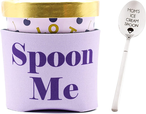 Kanudle Mom's Ice Cream Spoon with Ice Cream Pint Holder Sleeve | Engraved Stainless Steel | Mom Gift from Son Daughter Husband