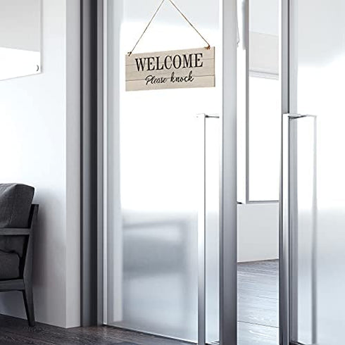 1 Piece Double-side Meeting In Progress Please Do Not Disturb, Welcome Please Knock Hanging Wooden Sign Plaque, In a Meeting Sign for Office Door Meeting Room Home Study, 16 x 6 Inch (Brown and White)