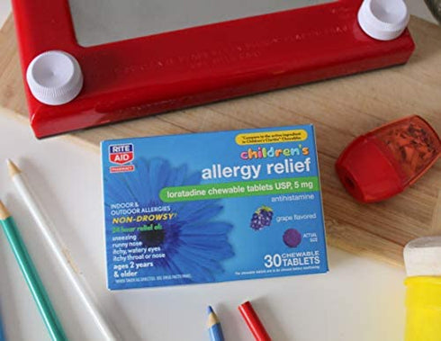Rite Aid Children's Non-Drowsy Allergy Relief Chewable Tablets, Grape Flavor, Loratadine, 5 mg - 30 Count | Children's Allergy Medicine | Allergy Medication Tablets for Kids