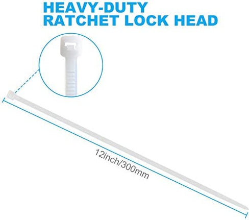 Hmrope 100pcs Cable Zip Ties White Heavy Duty 12 Inch, Premium Plastic Wire Ties Clear with 50 Pounds Tensile Strength, Self-Locking Nylon White Zip Ties for Indoor and Outdoor