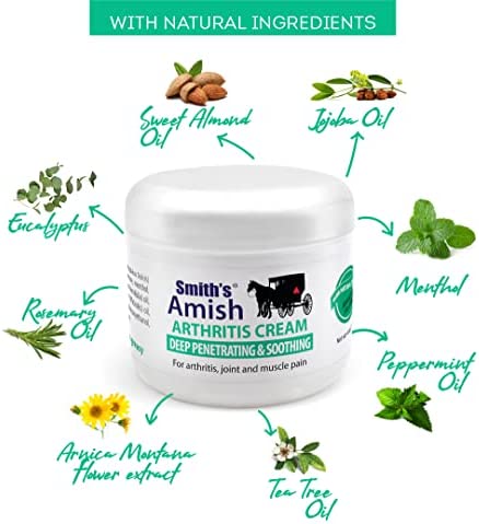 SMITH'S AMISH Arthritis Cream 4 oz jar. Soothing and Cooling, with Botanicals of Arnica, Peppermint, Tea Tree, Rosemary and Eucalyptus