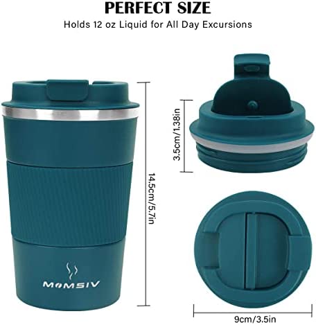 MOMSIV 12oz Travel Mug, Insulated Coffee Cup with Leakproof Lid, Travel Coffee Mug Vacuum Stainless Steel Double Walled Reusable Coffee Cup for Hot and Cold Water Coffee(Blue - 380ml)