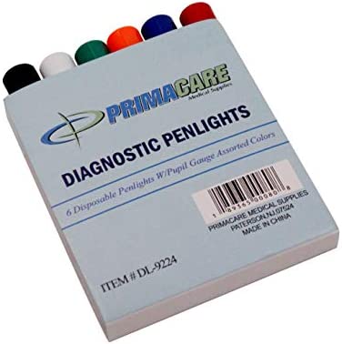 Primacare DL-9224 Pack of 6 Disposable Diagnostic Penlight with Imprinted Pupil Gauge, Lightweight and Moulded Plastic Body Medical Pen Light for Nurse, Student, Doctors EMT, Multicolor