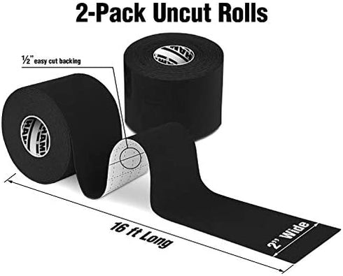(2 Pack) Kinesiology Tape for Physical Therapy Sports Athletes – Latex Free Elastic, 16ft Water Resistant Kinetic Uncut Kinesiology Tape for Knee Pain, Elbow & Shoulder Muscle - Black