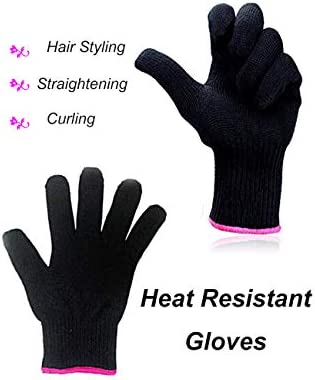 2 Heat Resistant Glove for Hair Styling, Curling Iron, Flat Iron and Curling Wand, Black, Pink Edge