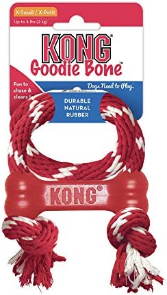 KONG - Goodie Bone with Rope - Durable Rubber Chew Bone, Teeth Cleaning Dog Toy - for X-Small Dogs