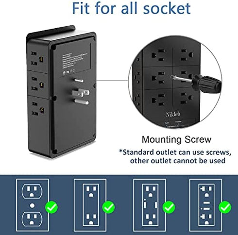 Multi Plug Outlet Extender Nikleb, Surge Protector 12 Outlets, Wall Plug with 2 USB+ USB C Ports Total 3.1A, Charger Blocks Wall Mount, Outlet Splitter Heavy Duty for Home, Office, Garage Improvement