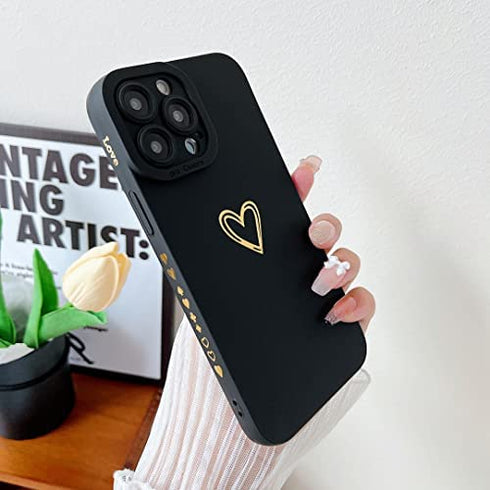 Qokey for iPhone 13 Pro Max Case(2021 6.7"), Side&Back Cute Plated Love Heart with Anti-Fall Lens Cameras Cover Protection Soft TPU Shockproof Anti-Fingerprint Phone Cases for Women Girls Men,Black