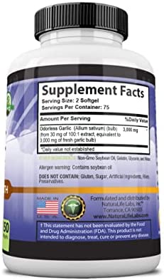 Odorless Pure Garlic 3000 mg per Serving Maximum Strength 150 Soft gels Promotes Healthy Cholesterol Levels Immune System Support