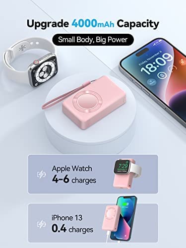 LVFAN 4000mAh Portable Charger for Apple Watch Series 8 7 6 5 4 3 2 1, iWatch Charger Power Bank Wireless Magnetic Battery Pack Travel Keychain Accessories Charger for Apple Watch SE Ultra, Pink