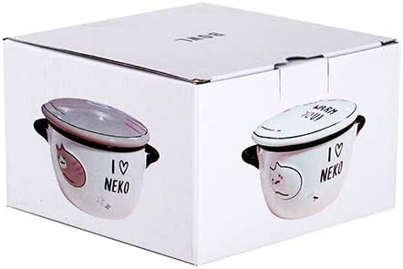 White and Brown Ceramic Japanese Bowl with Lid and Mini Handles, Neko Lucky Cat Microwavable Dish for Noodles and Rice, 5 3/4 Inches