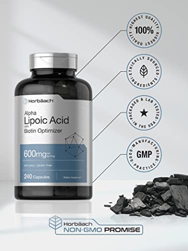 Alpha Lipoic Acid 600mg | 240 Capsules | with Biotin Optimizer | Non-GMO and Gluten Free Supplement | by Horbaach