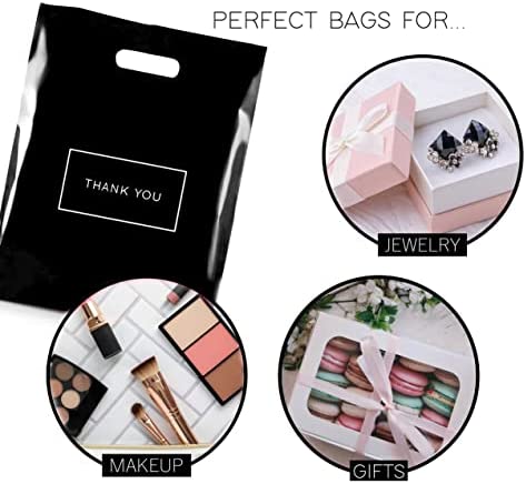 Purple Q Crafts Die Cut Plastic Shopping Bags with Thank You Logo 9" x 12" Boutique Bags with Handles 50 Pack for Merchandise, Gifts, Trade Shows and More