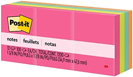Post-it Mini Notes, 1.5x2 in, 12 Pads, America's #1 Favorite Sticky Notes, Cape Town Collection, Bright Colors (Magenta, Pink, Blue, Green), Clean Removal, Recyclable (653AN)